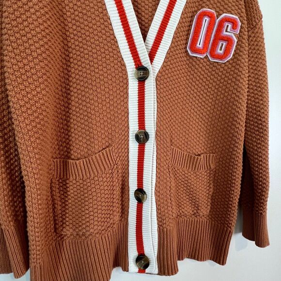 Women's Aerie Orange White Stripe Oversized Varsity Waffle Knit Cardigan - Picture 9 of 10